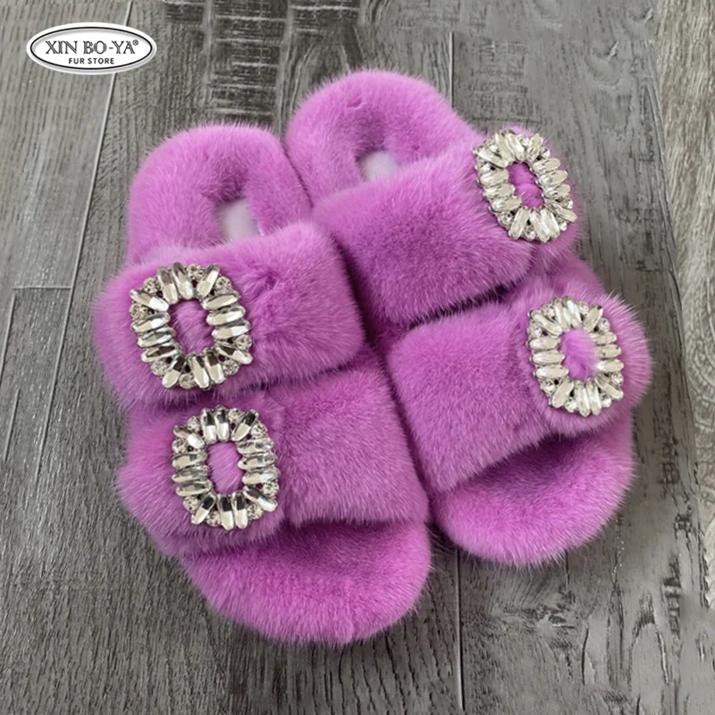 

Women's Fur Slippers 100% Real Fur Slippers European Station Ladies Fur Slides Flat Heel Women Shoes Fashion Luxury Slipper