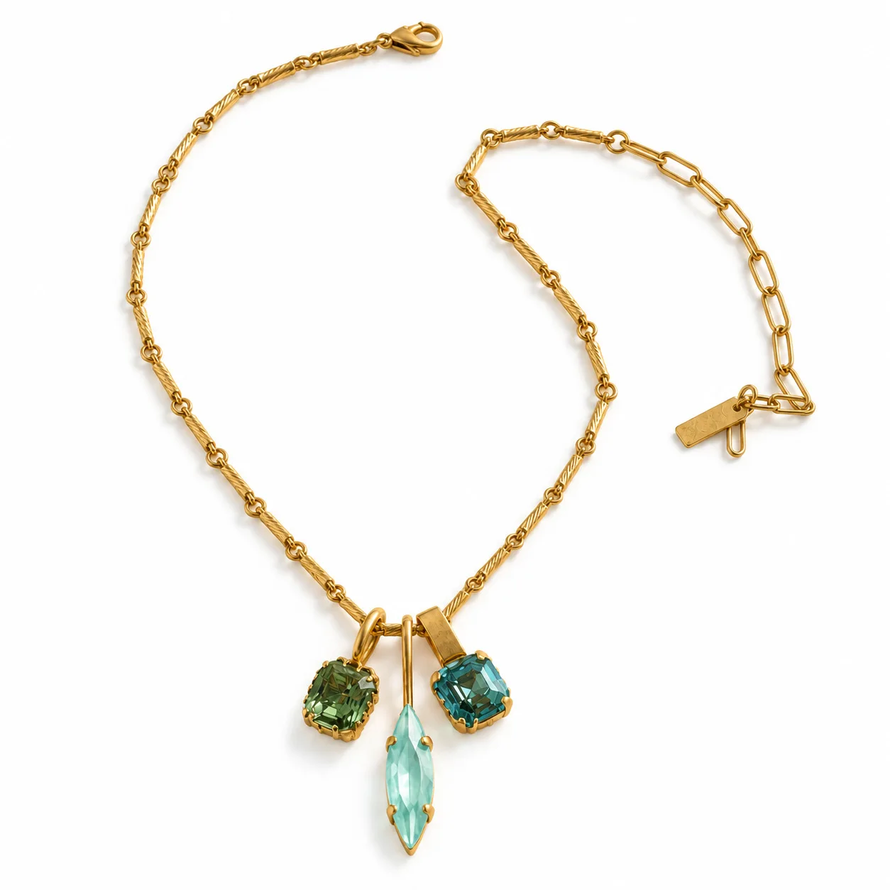 Retro Gold Twisted Chain Necklace with Tri-Color Gem Pendant Unique High-End Lightweight Clavicle Chain Jewelry Gift