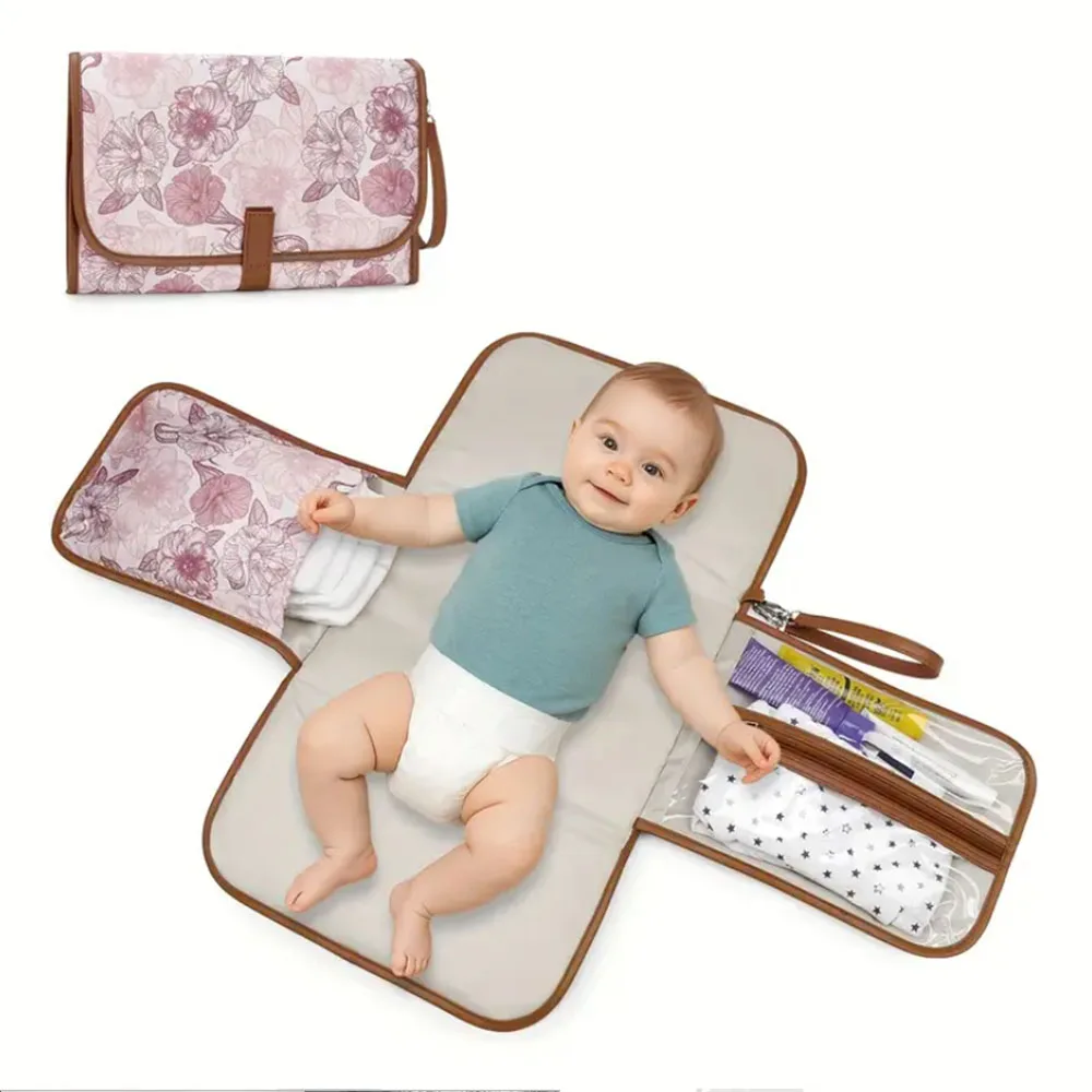 Portable Diaper Bag with Reusable Padded Mat & Liner - Lightweight Collapsible Design Compact Diaper Storage