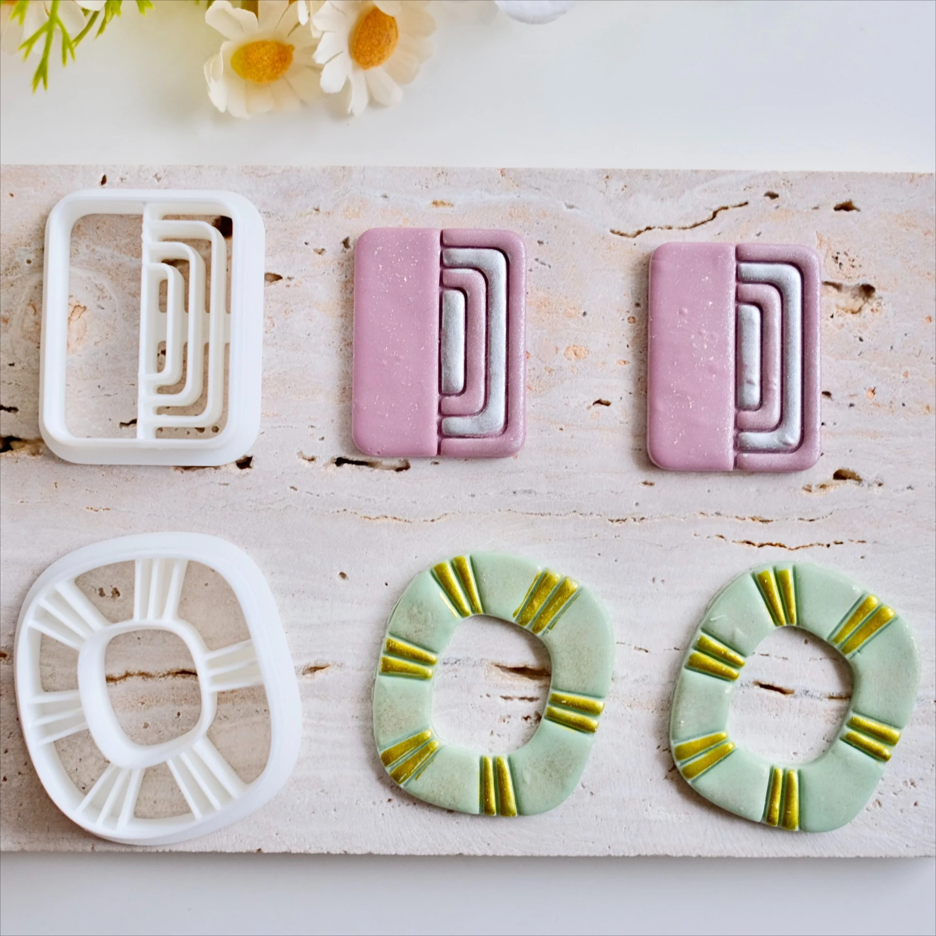 Cortadores de pendientes de arcilla polimérica con forma rectangular de media raya, cortadores de arcilla de donut circulares texturizados para fabricación de collares de joyería