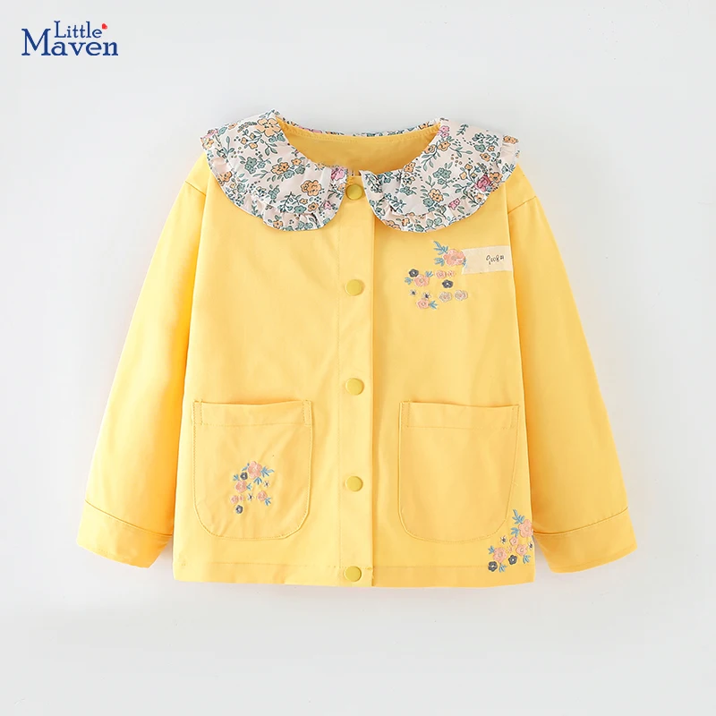 Little maven 2024 Baby Girls Cute Lapel Collar Jacket Coat Spring and Autumn Embroidery Flowers Hoodie Outwear for Kids 2-7 year