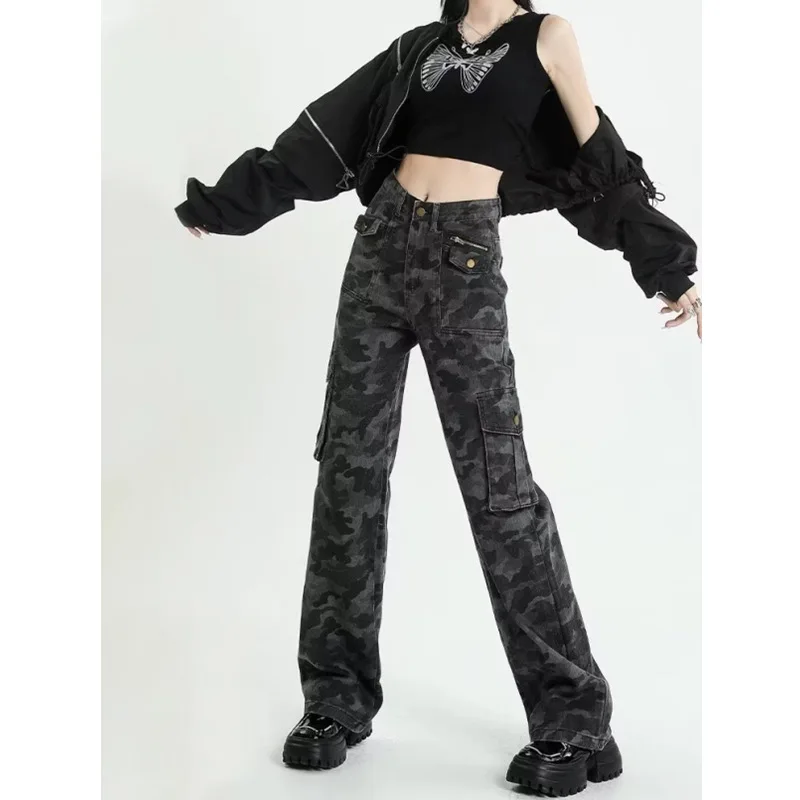 Women's Spring New Arrival Camo Cargo Straight Jeans Vintage Multi-Pocket Loose Slimming Best Seller Floor-Length Wide Leg Pants