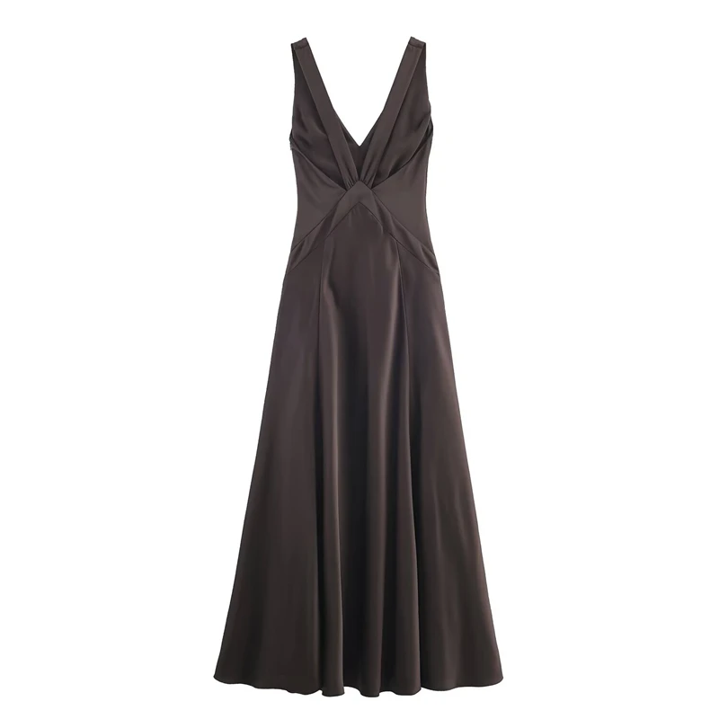 Robe longue en satin marron chocolat pour femme – Robe de soirée élégante, col en V profond, sans manches, fente latérale