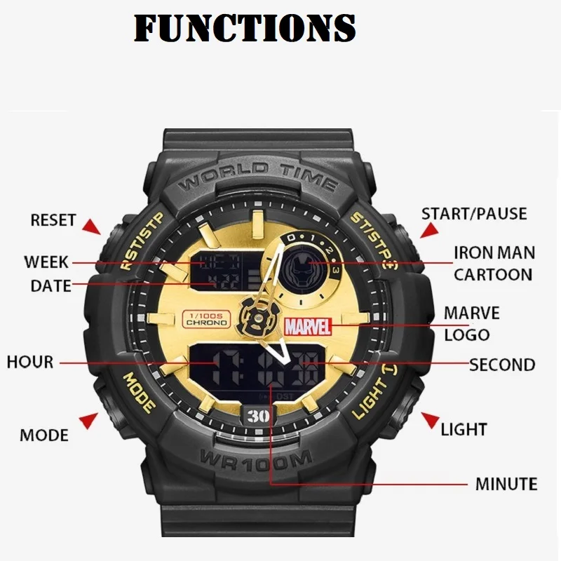 أعجوبة ساعة اليد الرقمية للرجال ، ساعة كوارتز ، شاشة مزدوجة ، المنتقمون ، العد التنازلي ، الكرونوغراف ، الساعة ، الشيم ، الساعة ، الرجل الحديدي ، الذكر ، الجديد
