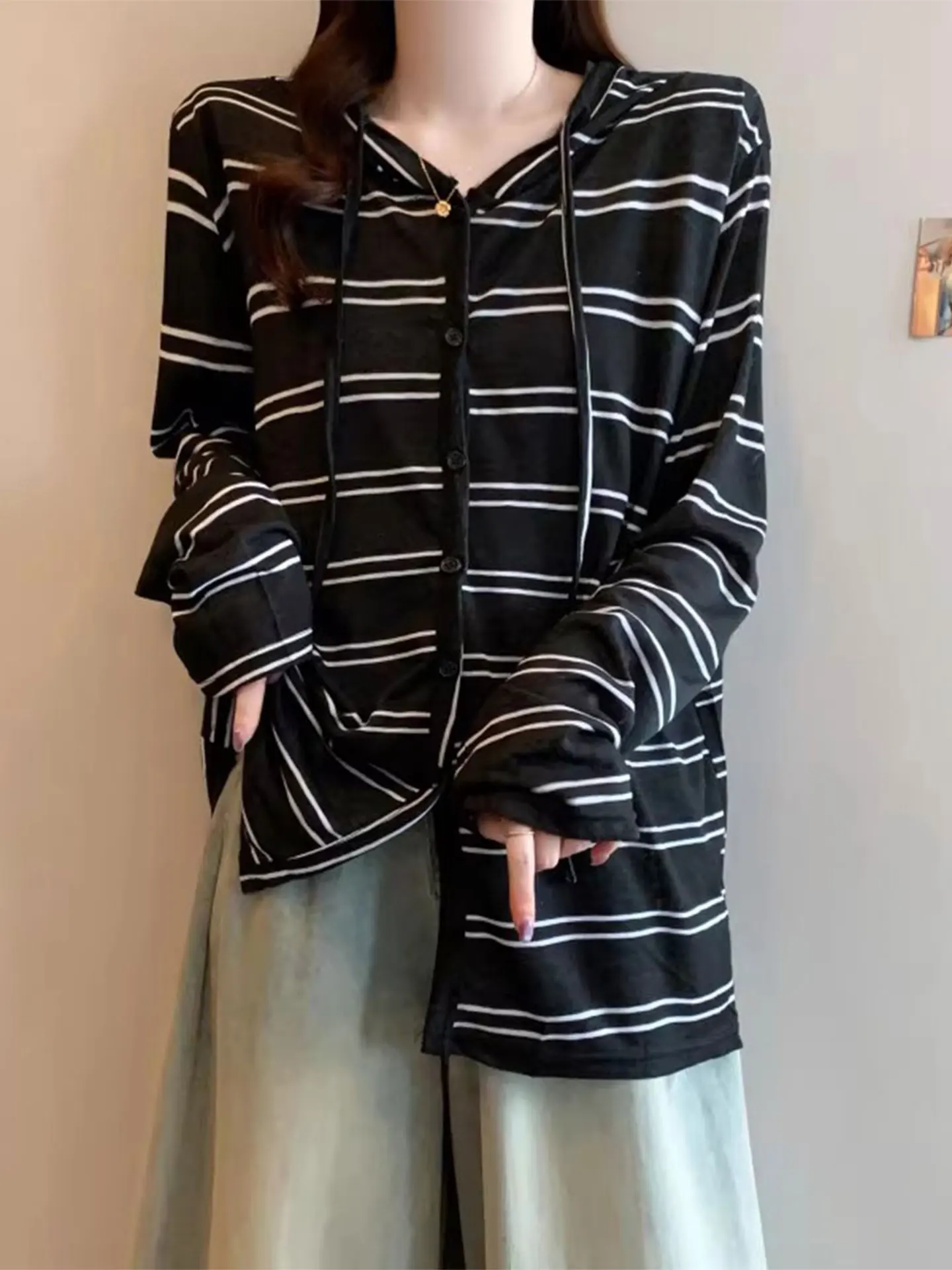 

Loose Knitted Hooded Striped Cardigan Coat for Women Casual Sle Spring Summer Soft Fabric Long Sve Regular Fit Ladies Top