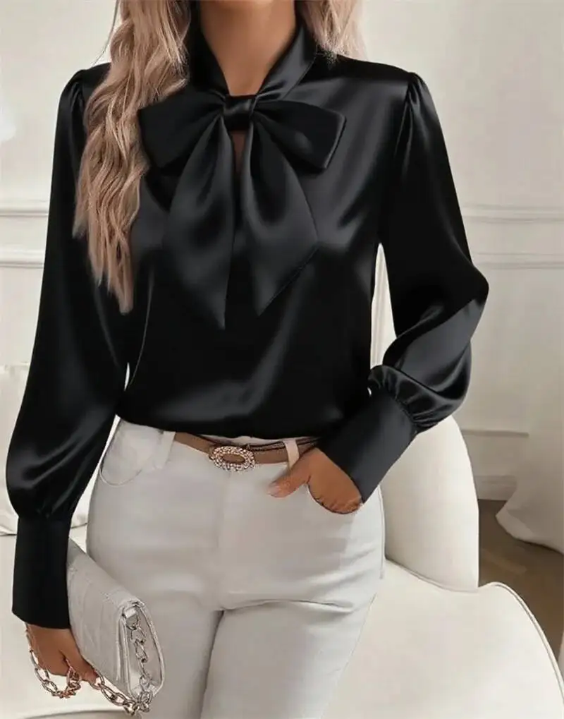 

Women's Satin Elegant Fashion Long Sleeve Office Lady Bow Neck Shirt Top Female Casual Shirts Blouse 2026 Spring and Autumn