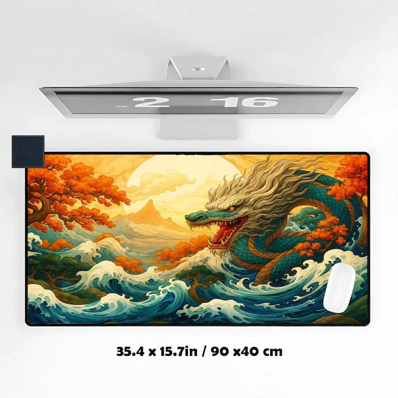 Tapis de bureau Oriental Dragon Ocean, tapis de souris XXL antidérapant et imperméable, un joli protecteur de bureau, le cadeau parfait pour les amis.