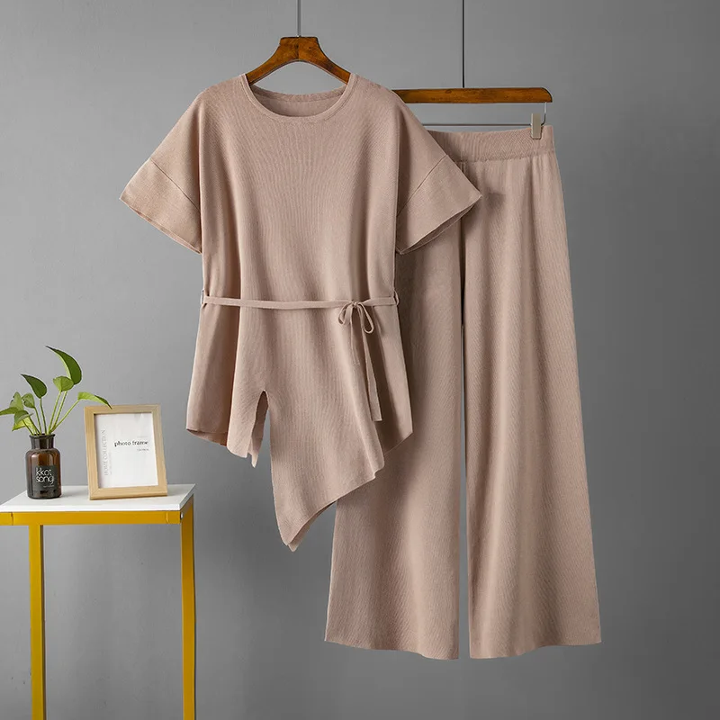 2 Piece Set Women Knitting Top Wide Leg Pants Suit Irregular Round Neck T Shirt Lace Up 2025 Summer Knitted Trousers Outfits
