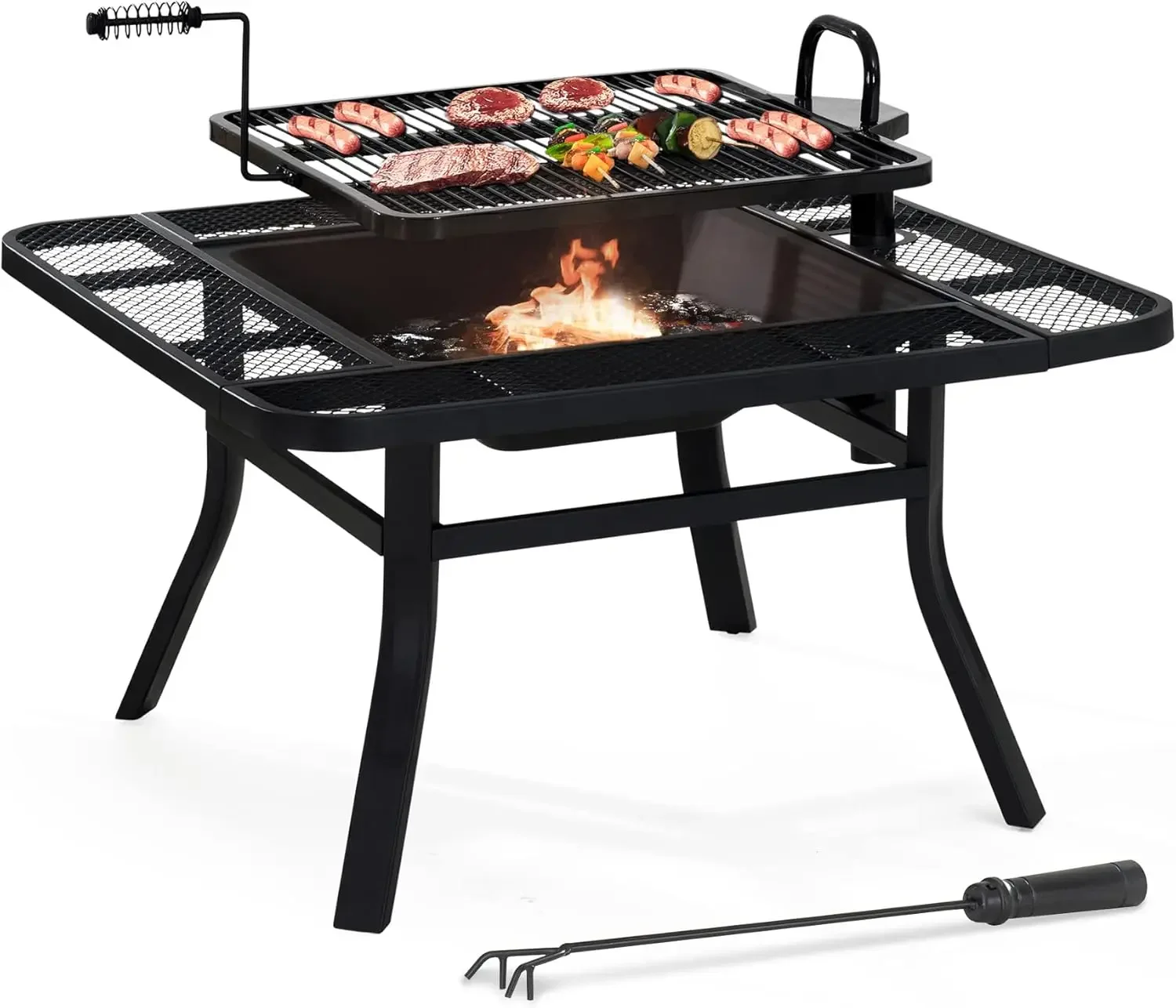 Fire Pit for Outside, Square Wood Burning Firepit Large Steel Fire Pits with Adjustable Cooking Swivel BBQ Grill and Fire