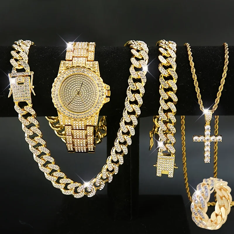 

5pcs Men's Watch Set Hip Hop Full Diamond Quartz Watch Set Men's Business Quartz Watch Set