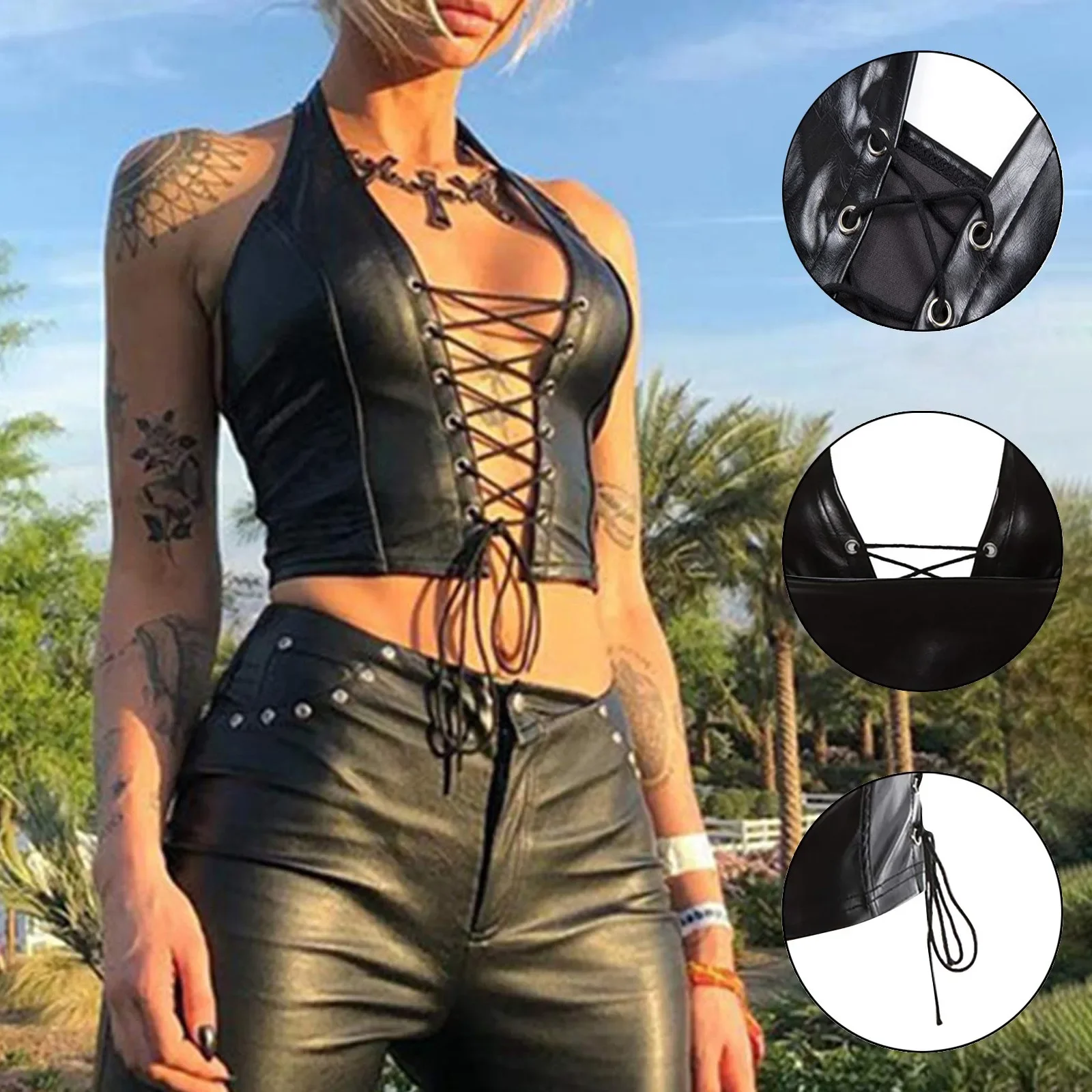 Summer V Neck Camis Tank Tops Sexy Crop Top Women Leather Lingerie Strapped Vest Sleeveless Crop Tops Blusas Cropped Feminino