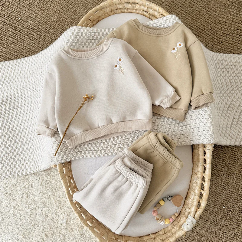 ベビー冬暖かい服スーツ幼児厚い豪華なサーマル快適なソフトトップ-パンツ-2-ピース衣装幼児カジュアルスウェットシャツセット
