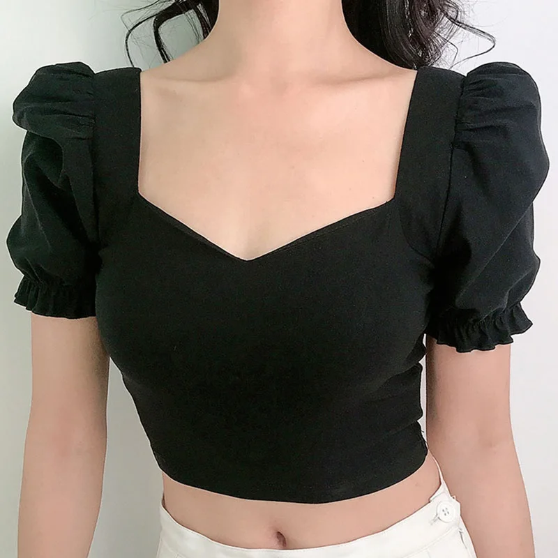 Women\'s Korean Style Solid Color Square Collar Sexy Exposed Navel Puff Sleeves Pullover Crop Tops Summer T-shirt