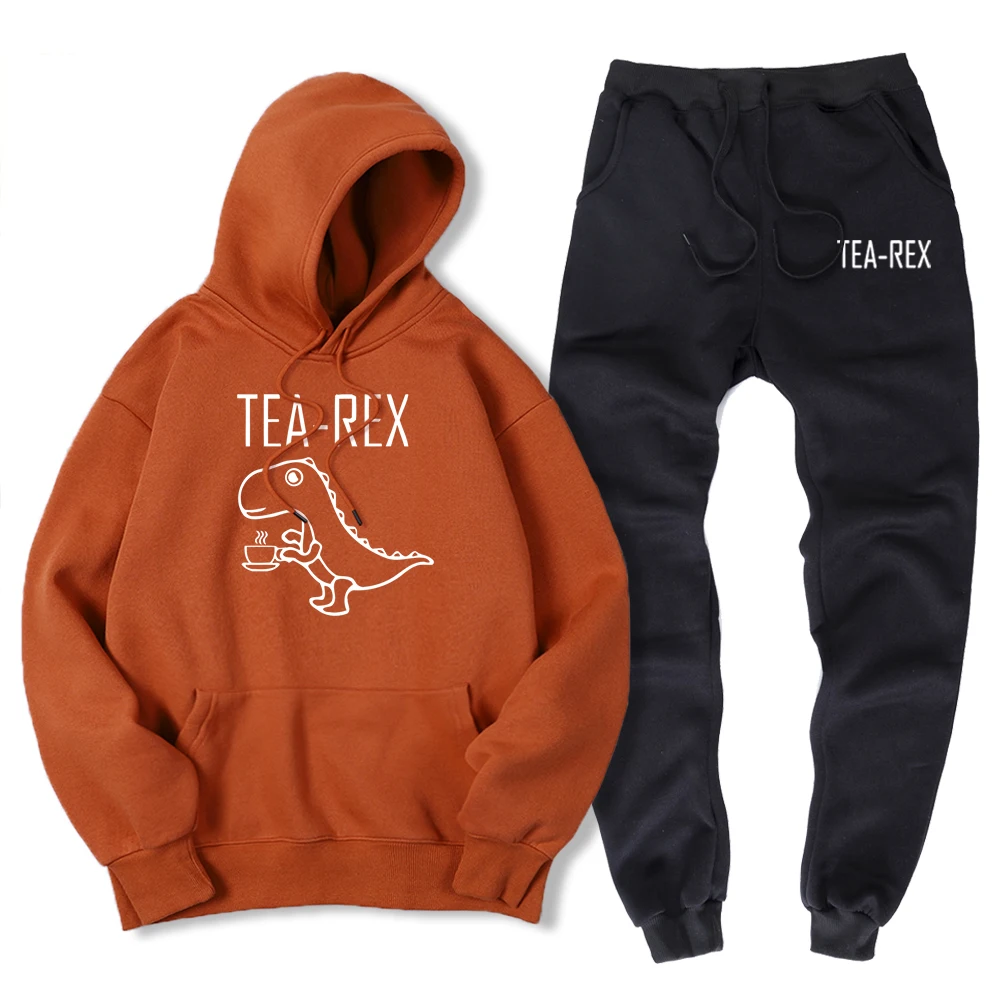 Tea Rex The Dinosaur Drinking Coffee 2 Piece Hoodie Set Men Fashion Casual Hoody+ Pants Loose Winter Warm Sweatshirt + Sweatpant