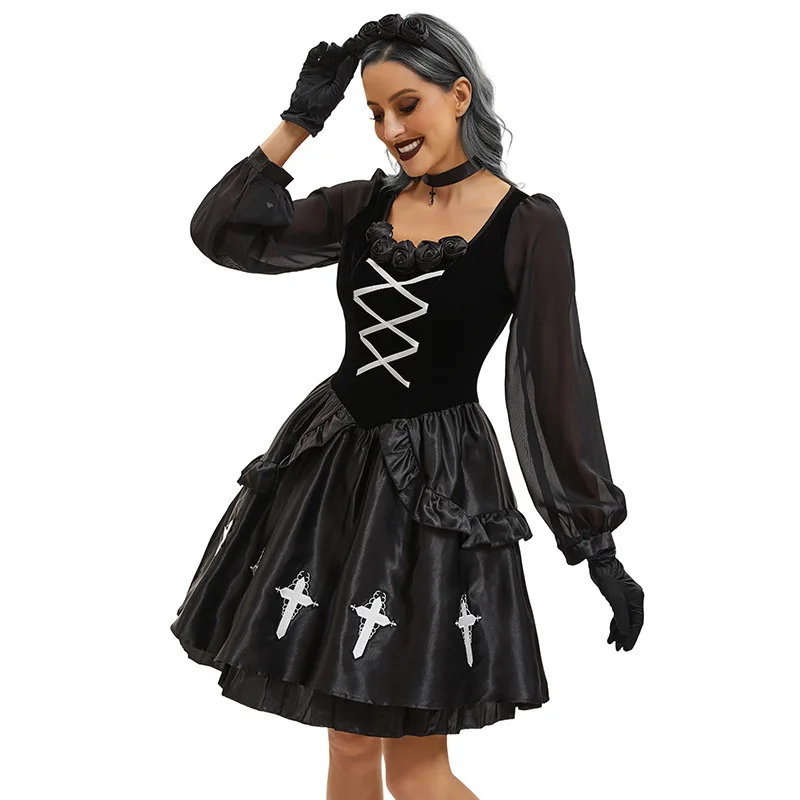 Gothic Lolita Black Medieval Waist Cinching Dress Cross Decoration Lolita Witch Cosplay Costume Carnival Outfit