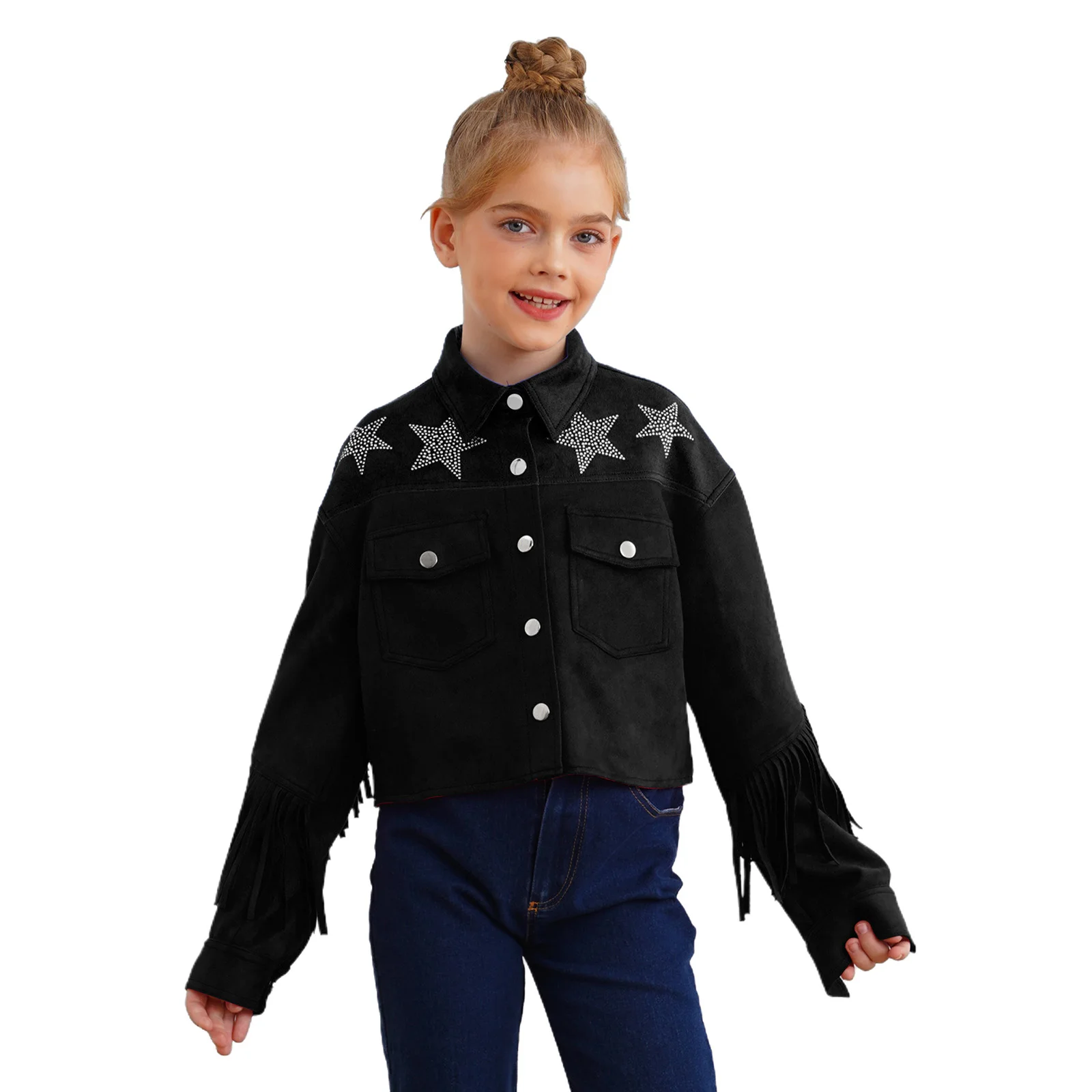 

Kids Girls Faux Suede Tassels Jacket Coat Turn-Down Collar Long Sleeve Star Rhinestones Fringe Jacket Outerwear School Costume