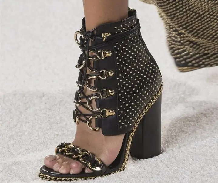 

Women Black Leather Gold Metal Chain Cross Tied Lace Up One Line Open Toe Block Heel Ankle Sanadls Boots Rivet Ankle Boots Shoes