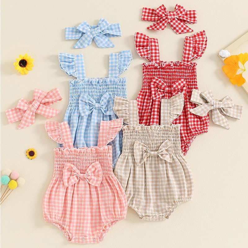 Baby Clothing Girls Summer Outfits Ruffles Fly Sleeve Plaid Print Smocked Romper Headband Newborn Clothes