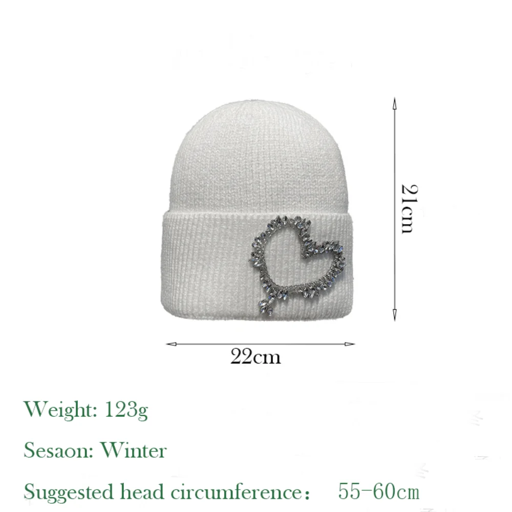 جودة عالية بلون الشتاء بيني القلب حجر الراين حماية الأذن محبوك قبعة قبعات السترة الدافئة للنساء