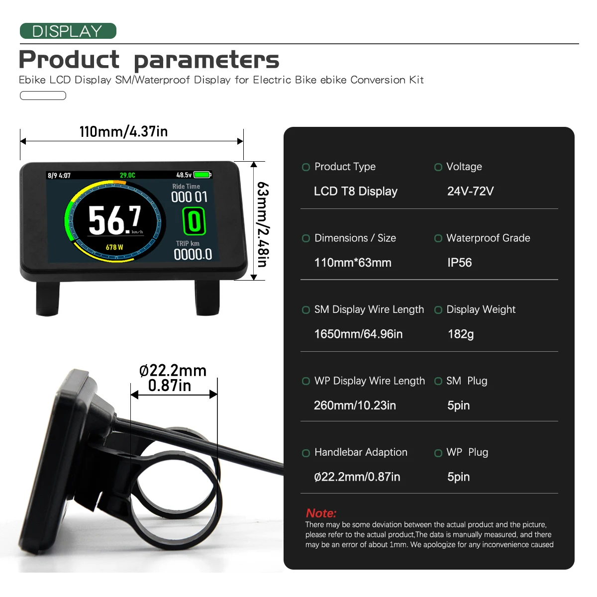 

Дисплей LCD T8 для электровелосипедов 24В/36В/48В/60В/72В с водонепроницаемым разъемом SM 2 аксессуара для протокольных контроллеров