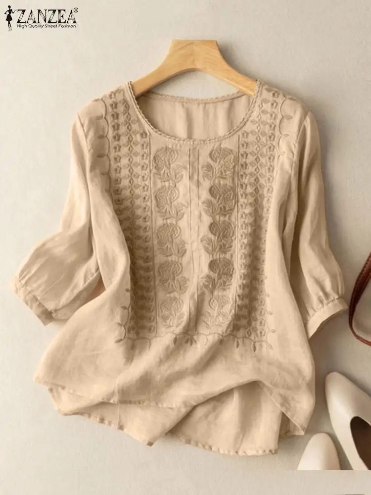 ZANZEA Summer Women Tops Casual Embroidery Shirt Solid Party Work Blusas Oversize Vintage O Neck 3/4 Sleeve Lace Crochet Blouse