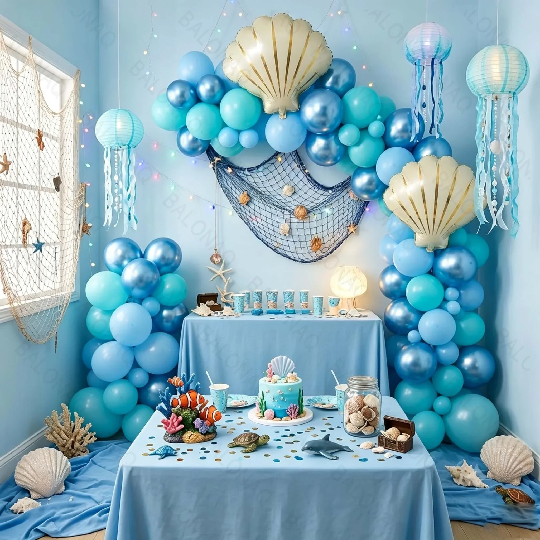64-teiliges blaues Unterwasser-Partydekorationsset, Seestern-Muschel-Ballons, Girlanden-Bogen-Set, Geburtstagsdekoration, Meeres- und Stranddekorationen