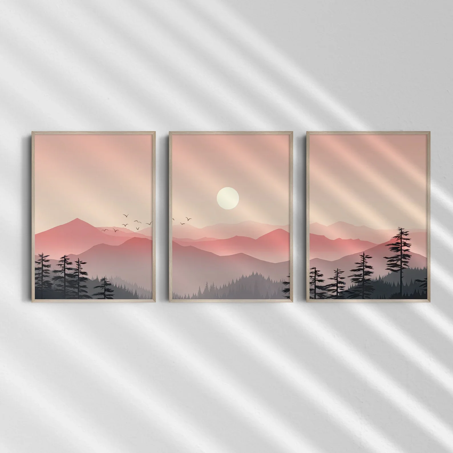 3PCS Pink Sunrise Landscape Poster Abstract Wall Art Mood Enhancing and Refreshing Gallery Canvas Painting Birds At Pink Sunrise