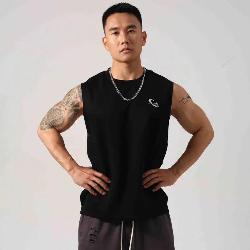 Men's Muscle Fitness Sleeveless Tank Top Vest Snap Button Side Open Loose Casual Elastic Cotton Summer Gym Workout Breathable