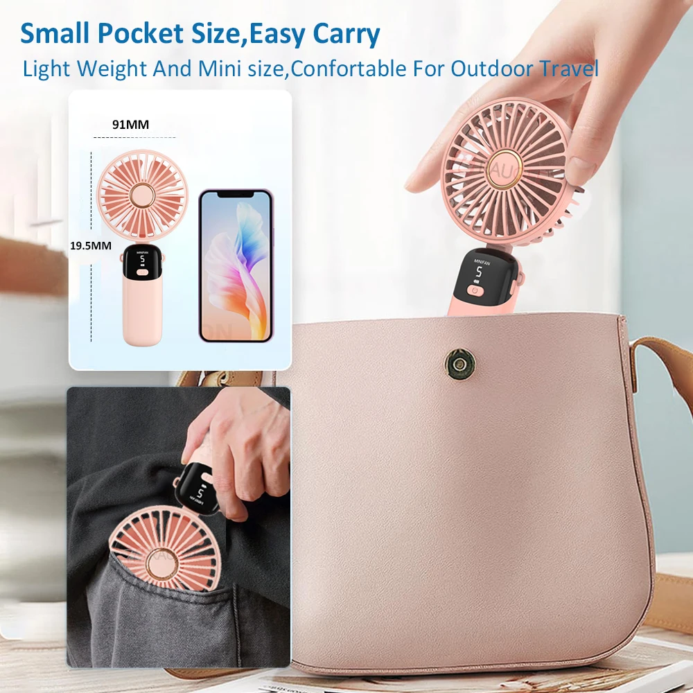 Portable Handheld Electric Fan Mini Rechargeable Usb Fan Foldable Small Ourdoor Personal Fan Powerful with Digital Display