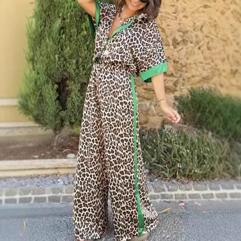 

Fashion New Women's Leopard Print 2 Piece Sets Casual Contrasting Cardigan Turn Down Collar Short Seleeve Top Wide Leg Pant Suit