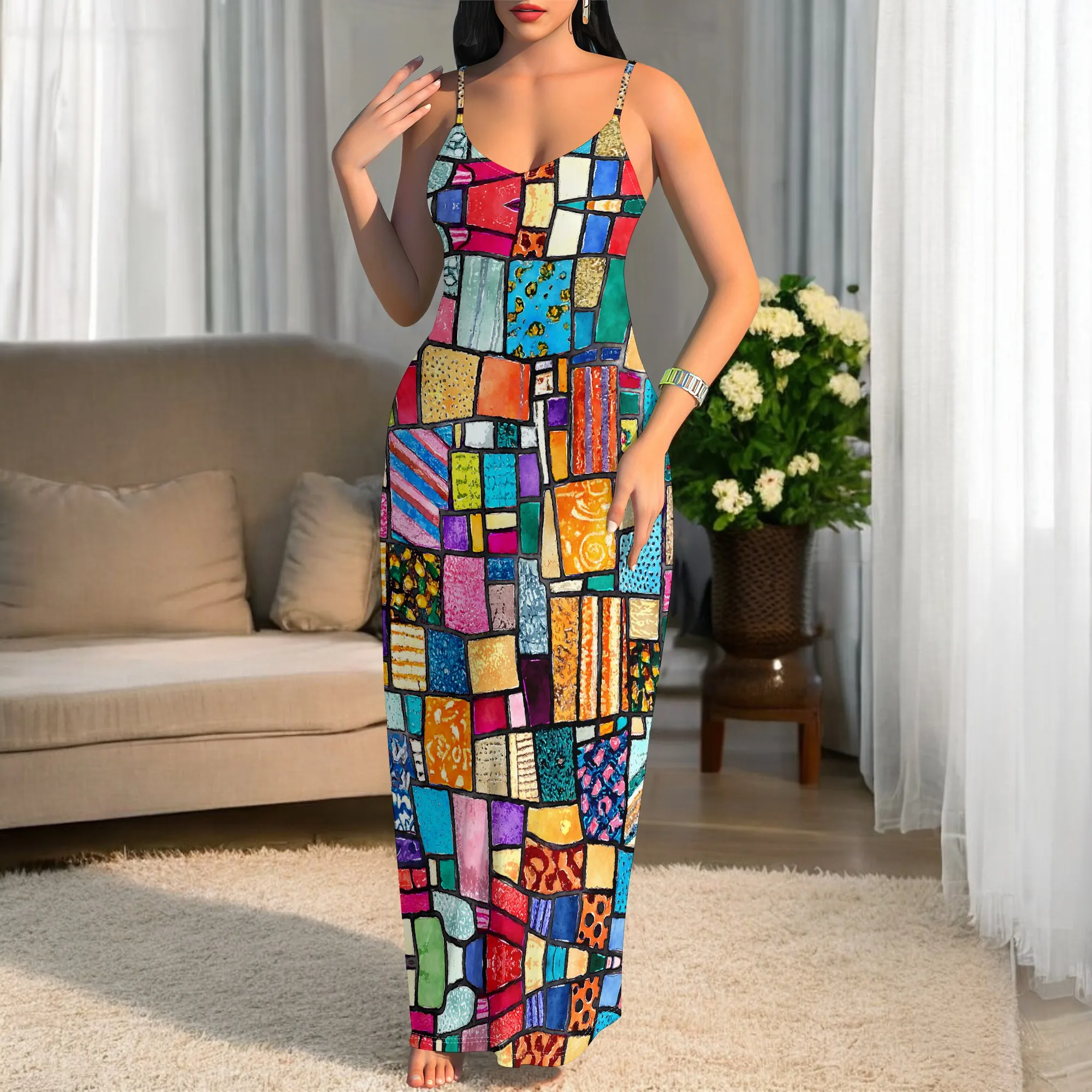 

Women's Boho Patchwork Art Maxi Dress Abstract Print V-Neck Spaghetti Strap Dress for Casual Beach Vacation Wear