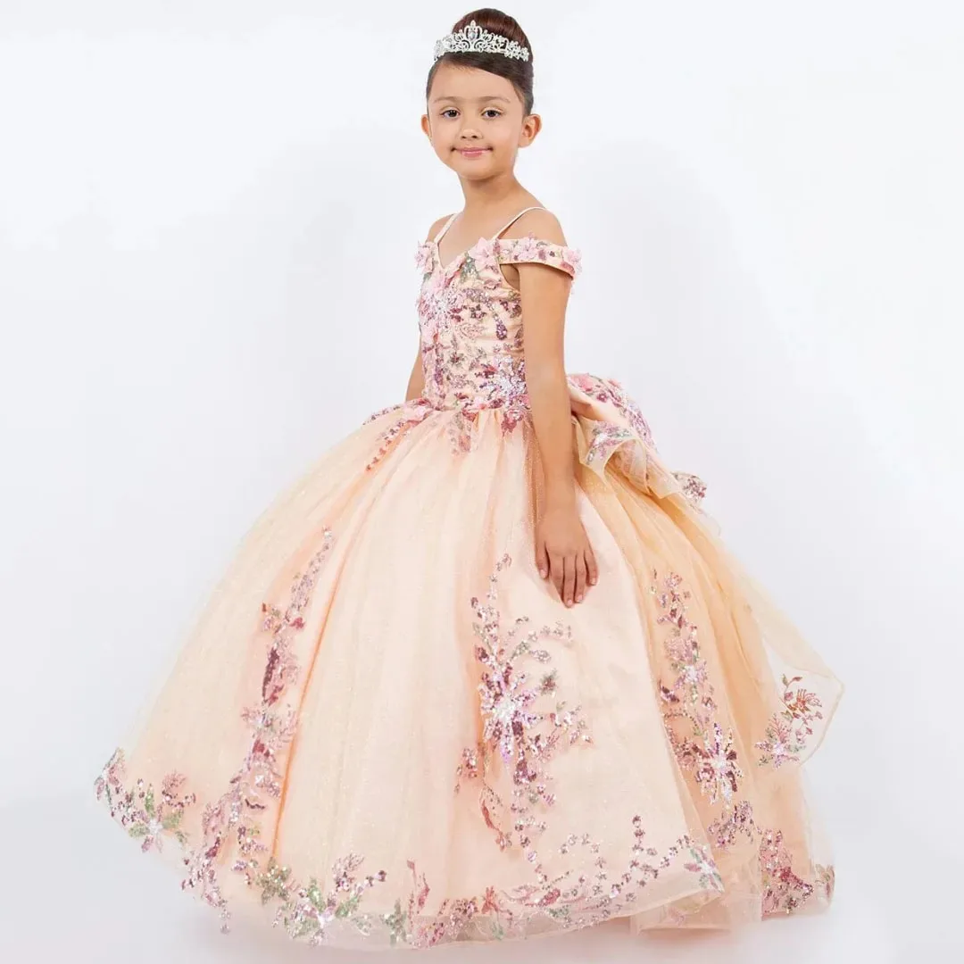Custom flower girl dress in light pink with floral appliqués, paired with a bow, sleeveless design, suitable for weddings, dance