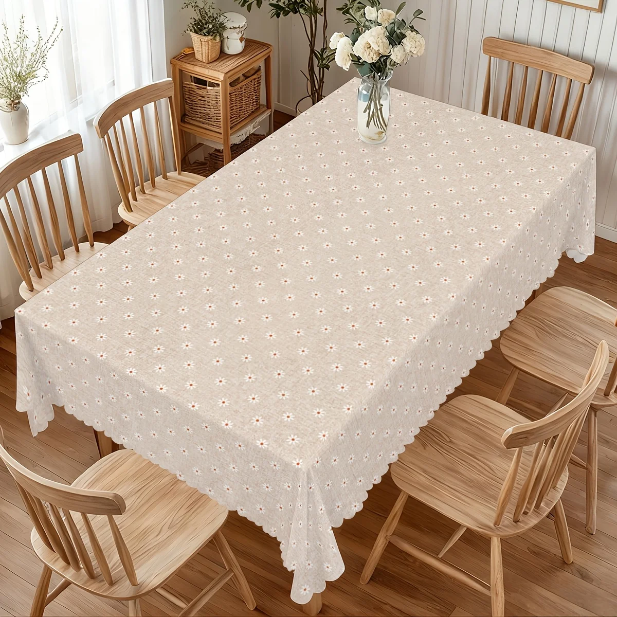 One rectangular floral-print tablecloth, made of durable polyester that can be washed.
