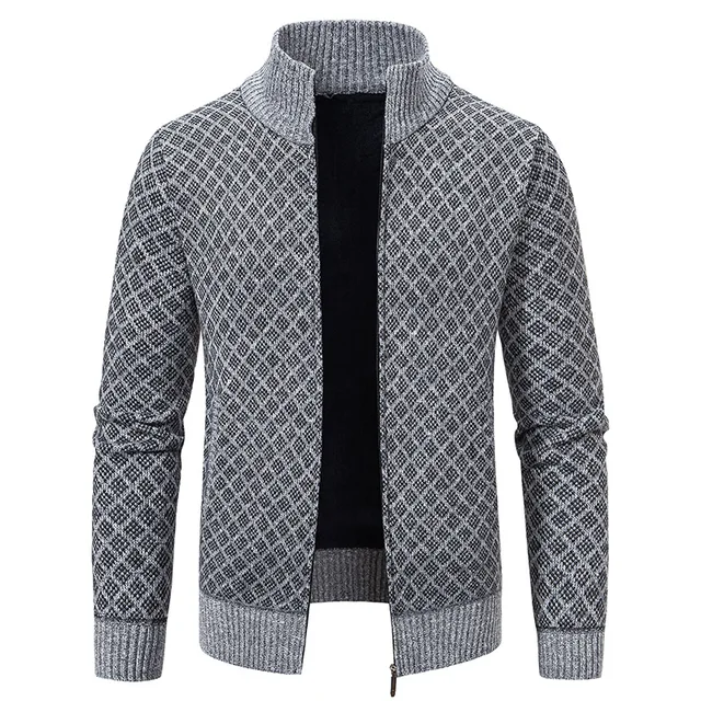Męski sweter z dzianiny koreański Slim Fit modny sweter jesienno-zimowy zapinany na zamek męski top z podszewką z polaru