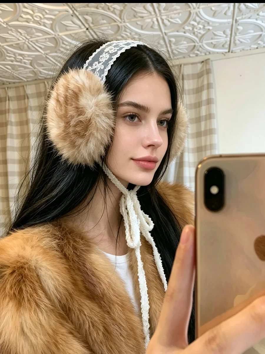 LIMO Women Lace Band Faux Fur Earmuffs Back Soft Fluffy Plush Ear Muff Winter Warm Ear Protector