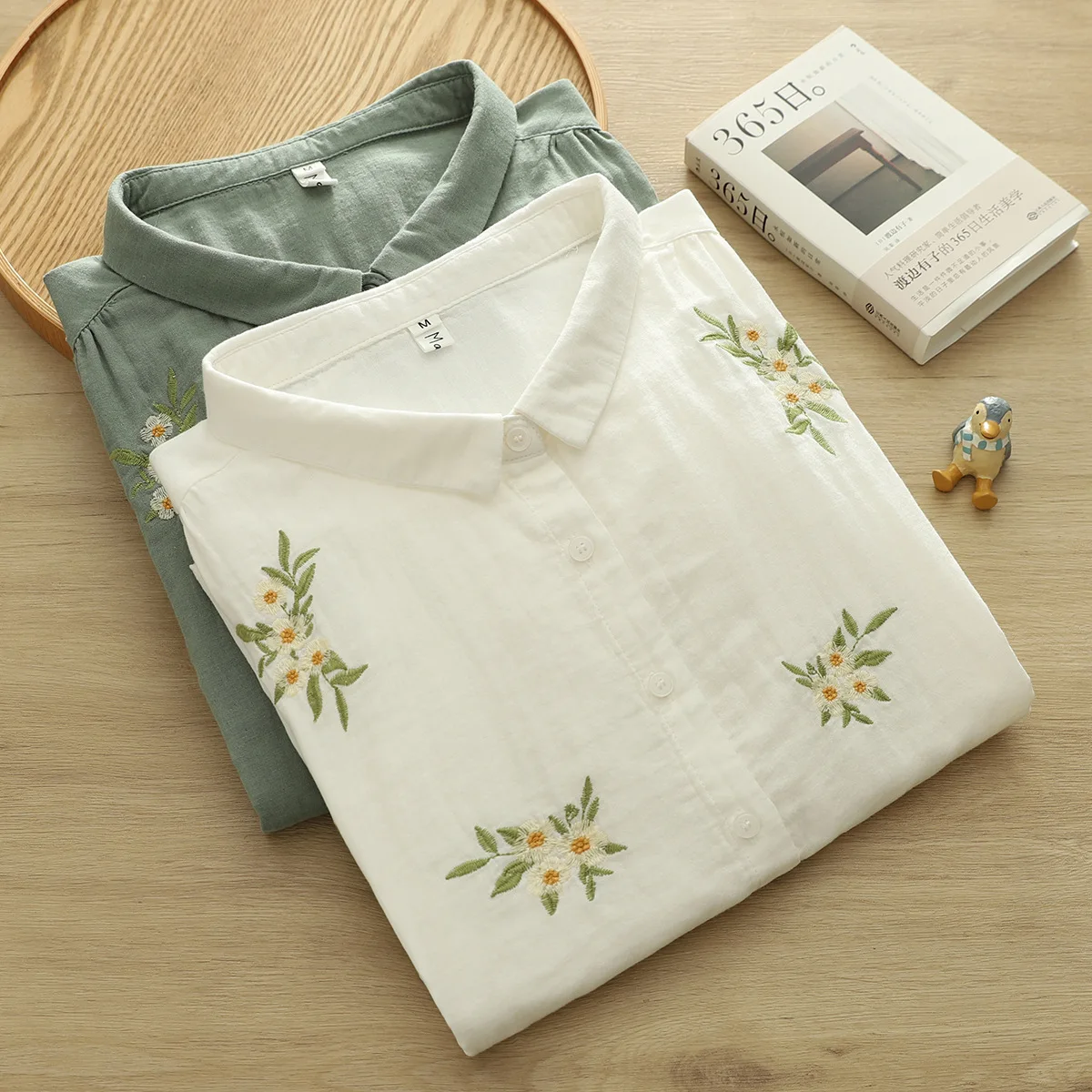 Japanse Zoete Mori Meisje Bloemen Borduren 100% Katoenen Shirts Vrouwen Zomer Turn Down Kraag Half Mouw Casual Losse Blouse Tops
