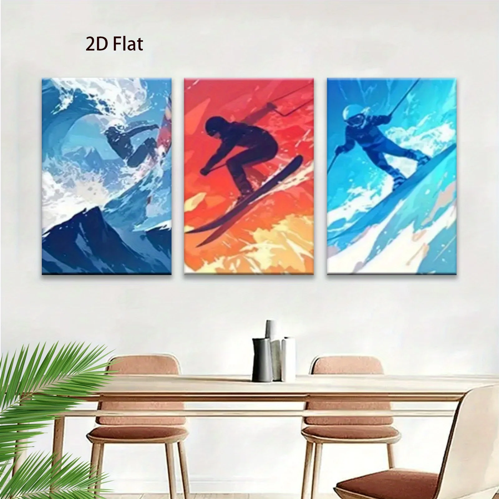 Frameless 2D Flat, 3pcs 2D Wood Wrap Canvas Poster Skiing, surfing and diving sports themes Suitable for indoor and outdoor w
