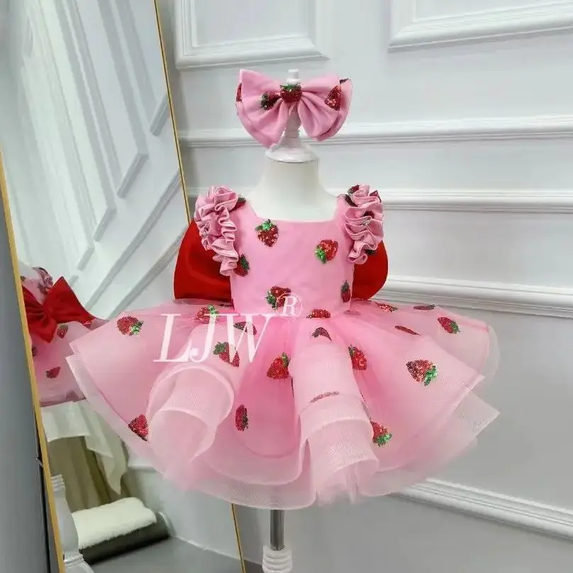 

Toddler baby girl embroidered strawberry fluffy tulle dress Birthday Dress Wedding Flower Girl Dress beauty pageant costumes St