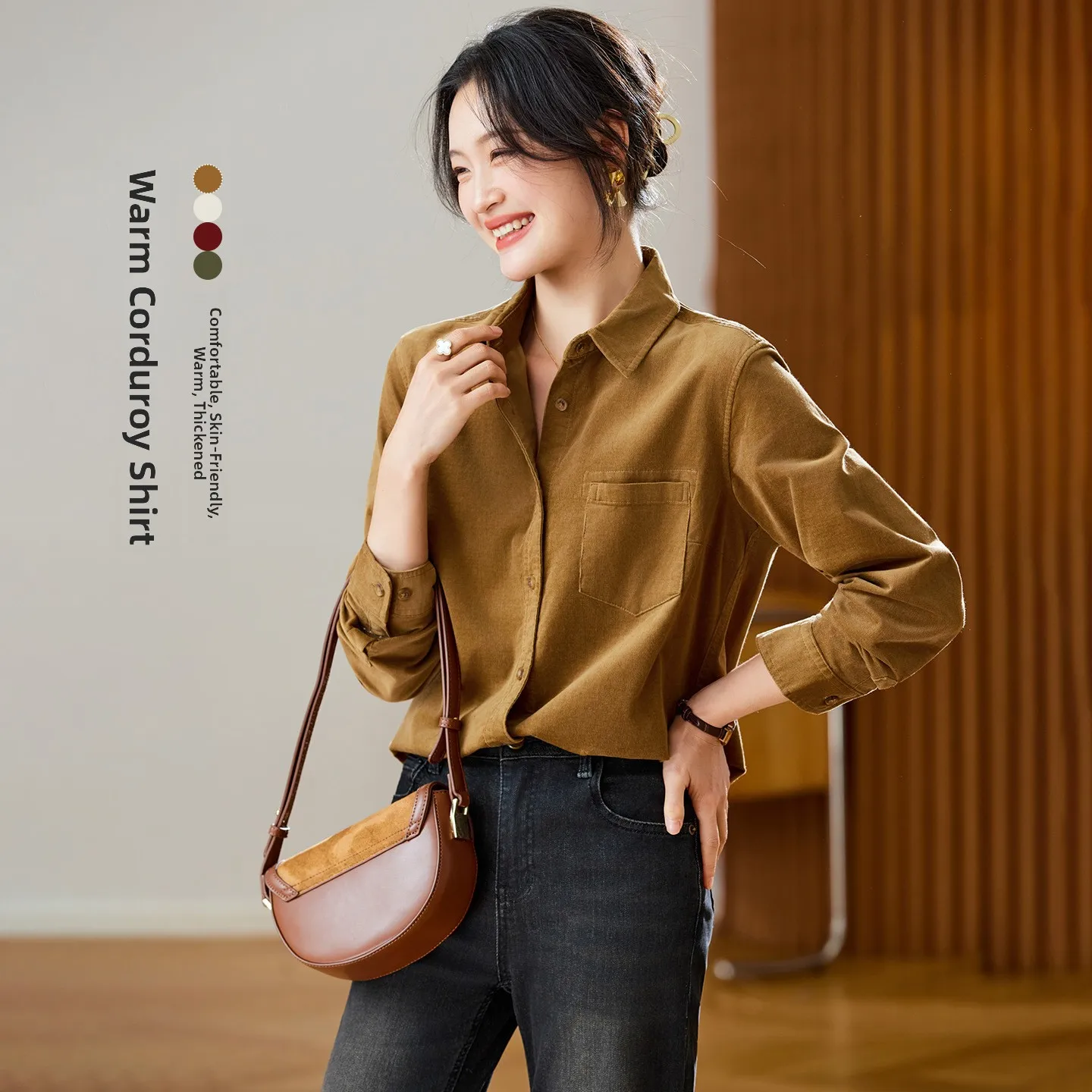 

Thiened Long Sve Corduroy irt Cotton on Commute Sle Straight Cut Fem irt Winter Collection Chinese Origin