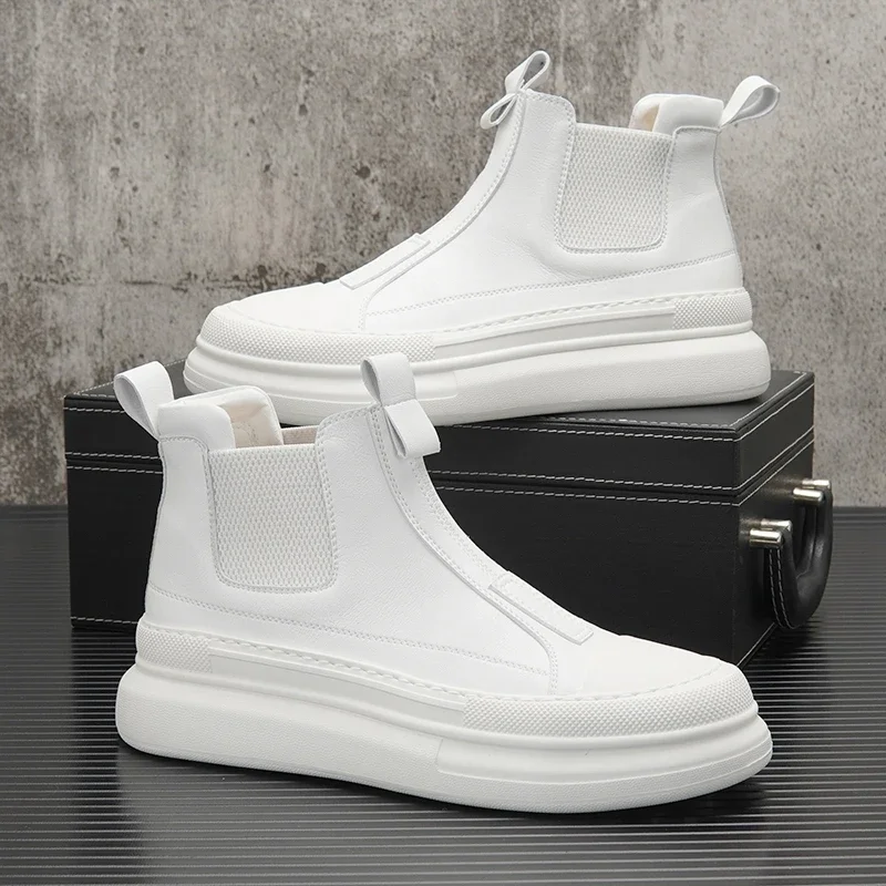 High Quality White Chelsea Ankle Boots for Men High Top Casual Shoes Fashion Trend Male Thick Sole Leather Sneakers