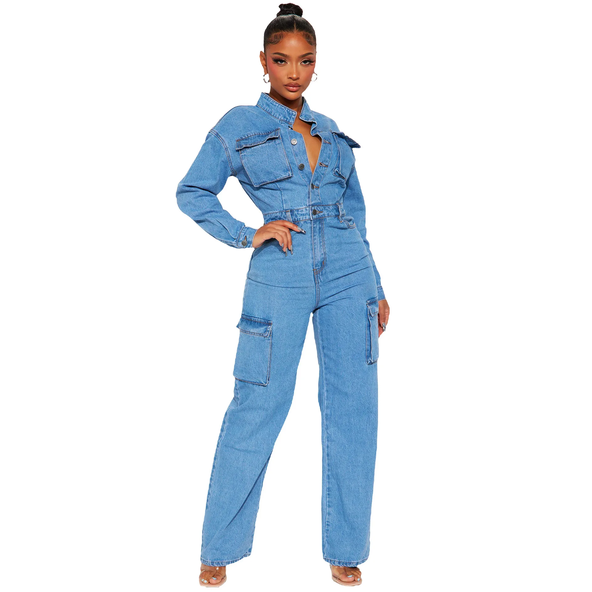 Women Jeans Overalls Zipper Fly Flat Denim Cargo Pants Pockets High Waist Loose Streetwear Solid Single Breasted Button 2024