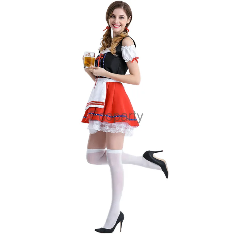 2024 Oktoberfest Costume For Women Sexy Red Wench Waitress Serving Maid Cosplay Dirndl Dress Bavarian Beer Girl Party Outfits