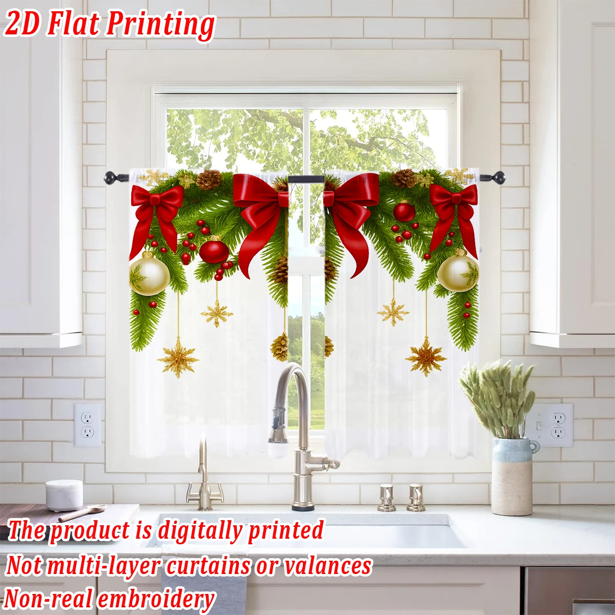 Christmas Flat Printing Kitchen Sheer Curtain with Christmas Ball Bow Snowflake Pine Branch For Christmas Home Decor  Party