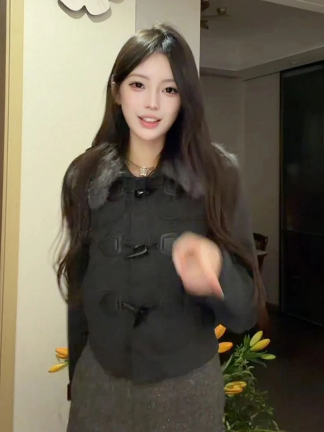 

Корейское модное пальто с пуговицами из рога для женщин, зимнее, из высококачественного материала, длинное, повседневное, универсальное