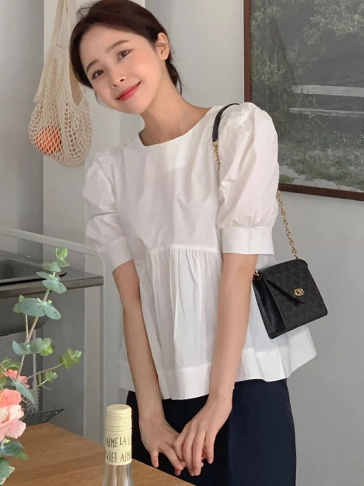 

Белая плиссированная кукла irt Женская корейская летняя утягивающая ор Sve Sweet Anti-aged Ba Strap Little irt round Ne