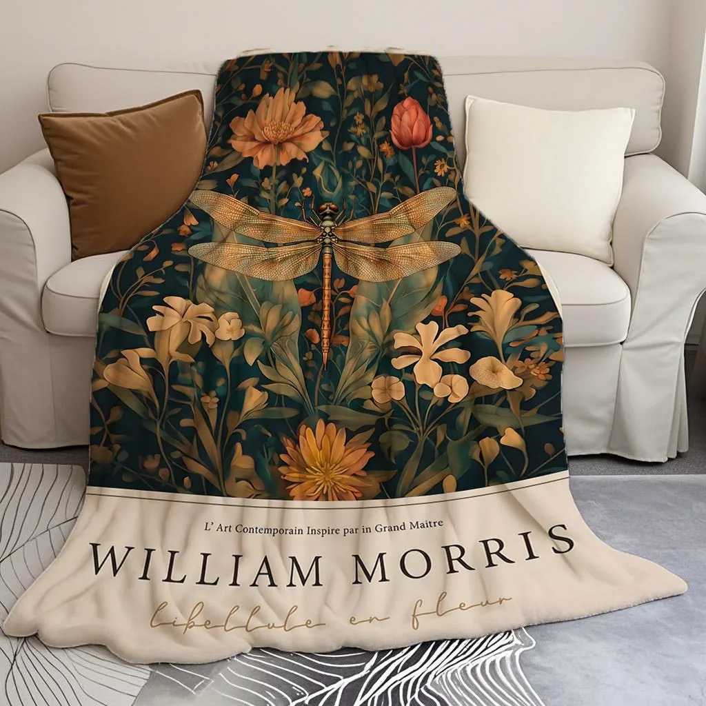 A William Morris Dragonfly Printed Fleece Blanket in Modern Style, Ultra-Soft And Warm, Suitable for Sofas, Beds, And Chairs. It