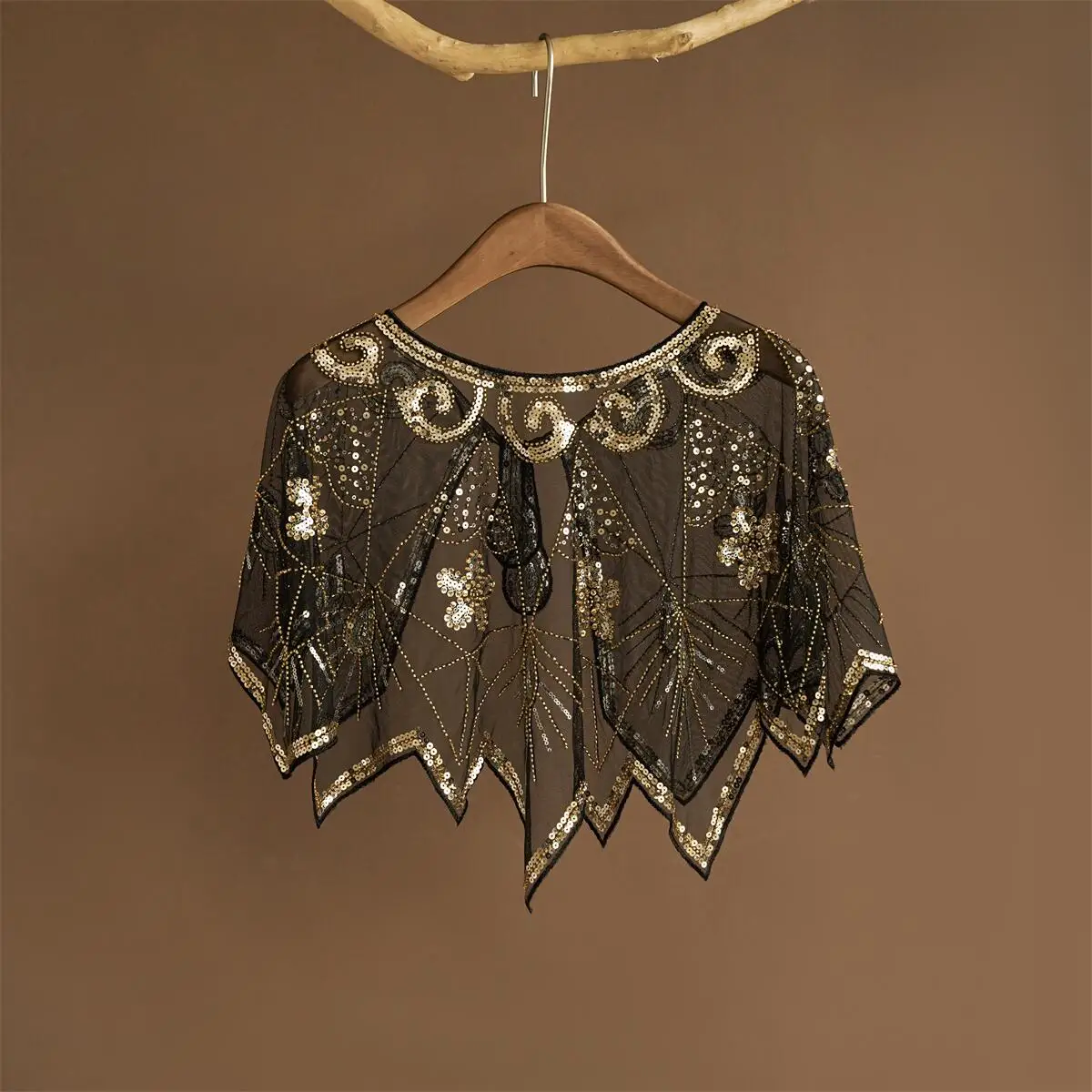 1920er Jahre Transparenter Spitzen-Flapper-Schal Eleganter Vintage Glitzernder Perlen-Pailletten-Umhang Boho Abendkleid Damen-Oberbekleidung Schal – Detail 6