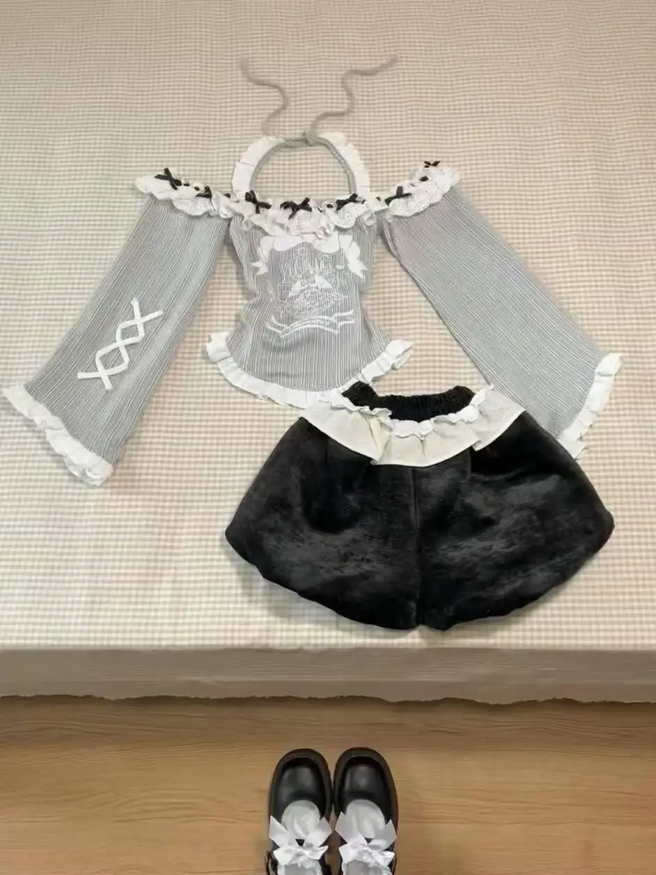 

Y2k High Waist Lolita Short Skirt Suit France Vintage Slim Slash Neck Print 2 Piece Set Women Sweet Cute Off Shoulder Top Female