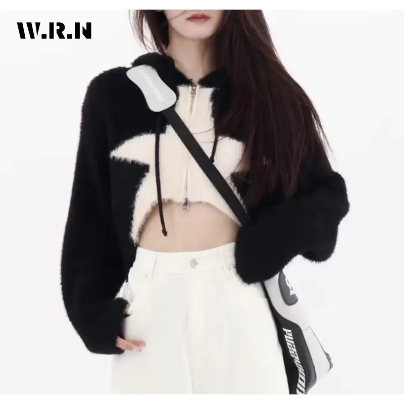 2023 Winter Hotsweet Contrast Color Knitting Long Sleeve Cardigans Women Casual Hooded Zipper Ladies Sexy Short Sweater Top