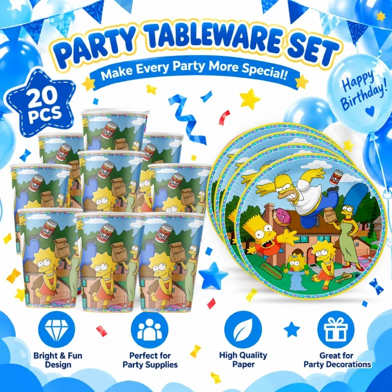 Das Simpsons Happy Birthday Party Dekorations- und Tischgeschirr-Set, bestehend aus Teller, Bechern und Servietten mit Cartoon-Motiven, ist praktisch, langlebig und ein Bestseller. – Detail 1